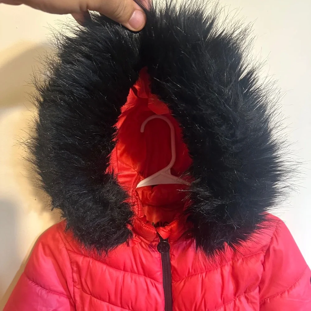 Michael Kors Puffer Jacket Girls 14 Red Zip Faux Fur Hood Logo Belt Outdoor Coat